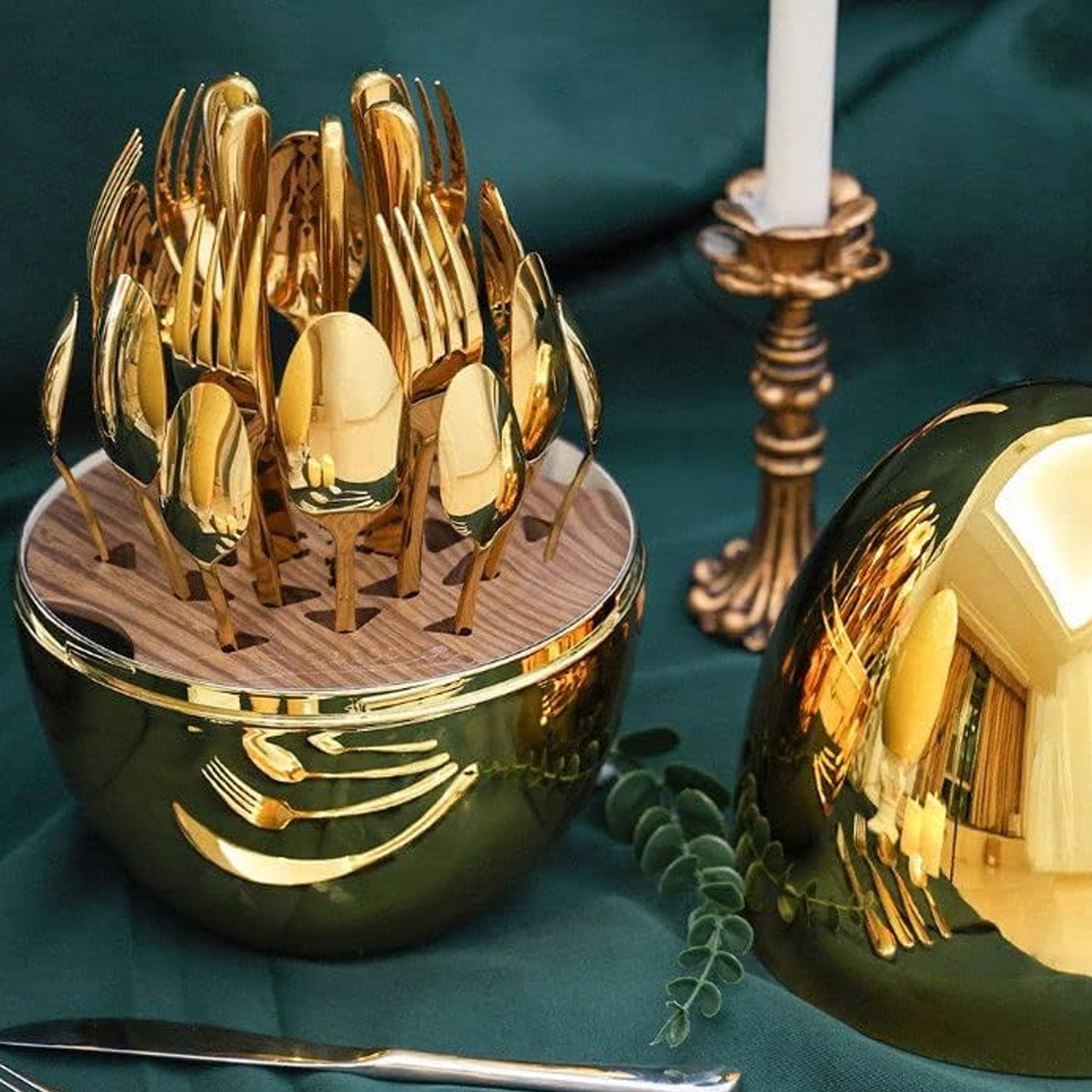 Premium Cutlery Set 24 Pcs with Oval Shaped Stand | Beautiful Stylish Oval Designed Cutlery Sets, Egg-Shaped Luxury Spoon Holder Set (Golden / 24 pcs set) Premium Cutlery Set 24 Pcs with Oval Shaped Stand | Beautiful Stylish Oval Designed Cutlery Sets, Egg-Shaped Luxury Spoon Holder Set (Golden / 24 pcs set)